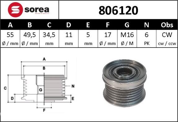 Sera 806120 - Pulley, alternator, freewheel clutch autospares.lv