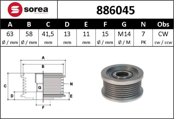 Sera 886045 - Pulley, alternator, freewheel clutch autospares.lv