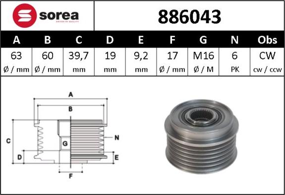 Sera 886043 - Pulley, alternator, freewheel clutch autospares.lv