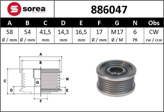 Sera 886047 - Pulley, alternator, freewheel clutch autospares.lv