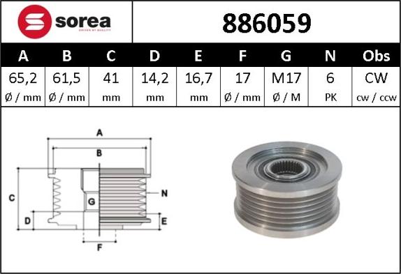 Sera 886059 - Pulley, alternator, freewheel clutch autospares.lv