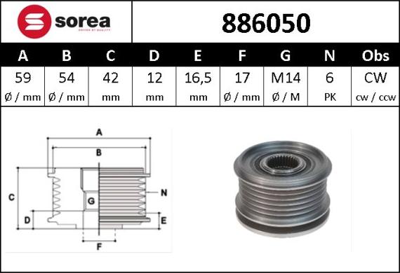 Sera 886050 - Pulley, alternator, freewheel clutch autospares.lv