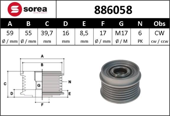 Sera 886058 - Pulley, alternator, freewheel clutch autospares.lv