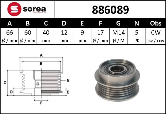 Sera 886089 - Pulley, alternator, freewheel clutch autospares.lv