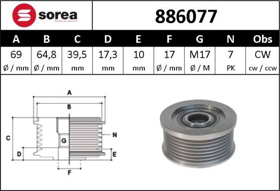 Sera 886077 - Pulley, alternator, freewheel clutch autospares.lv