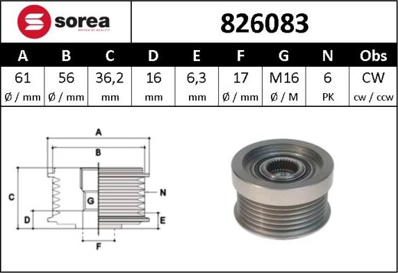 Sera 826083 - Pulley, alternator, freewheel clutch autospares.lv