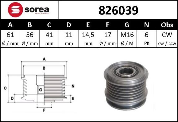 Sera 826039 - Pulley, alternator, freewheel clutch autospares.lv