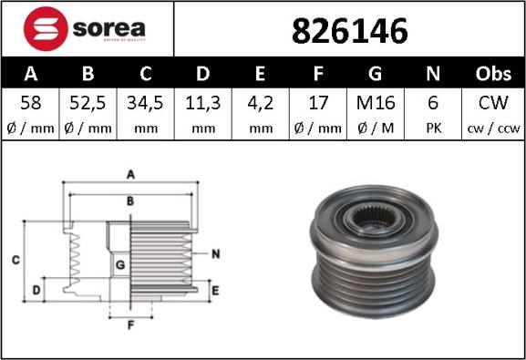 Sera 826146 - Pulley, alternator, freewheel clutch autospares.lv