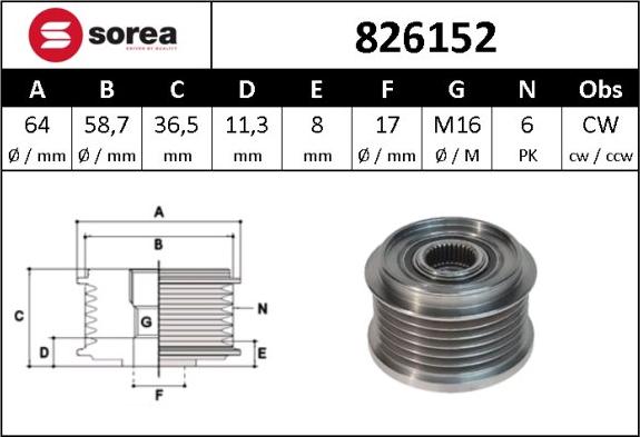 Sera 826152 - Pulley, alternator, freewheel clutch autospares.lv