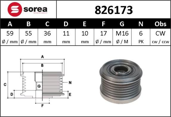 Sera 826173 - Pulley, alternator, freewheel clutch autospares.lv