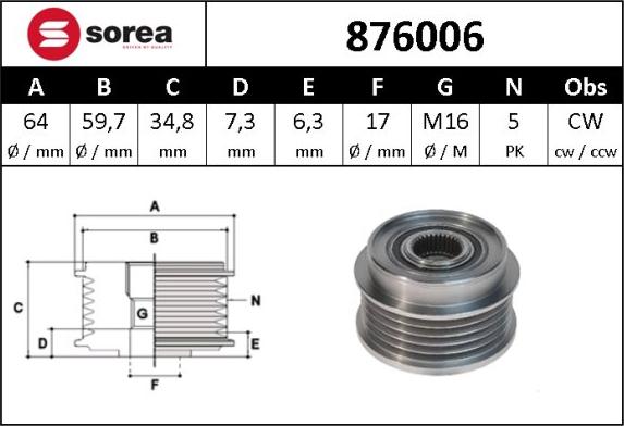 Sera 876006 - Pulley, alternator, freewheel clutch autospares.lv