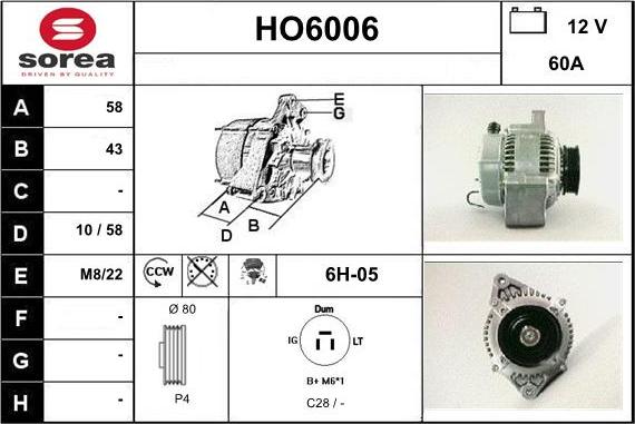 Sera HO6006 - Alternator autospares.lv