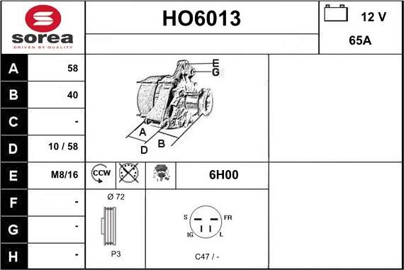 Sera HO6013 - Alternator autospares.lv