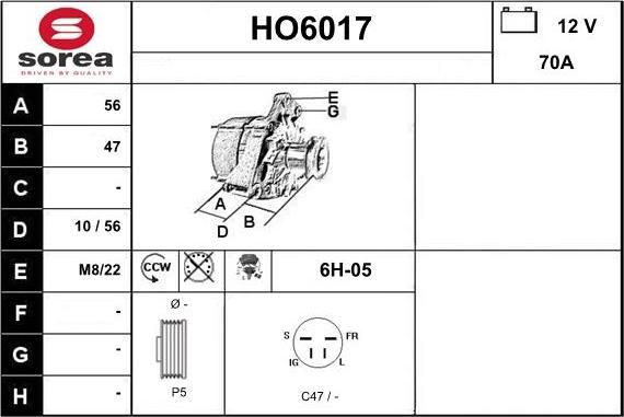 Sera HO6017 - Alternator autospares.lv