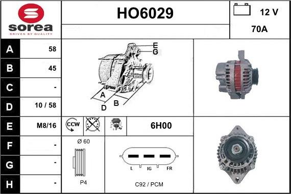 Sera HO6029 - Alternator autospares.lv