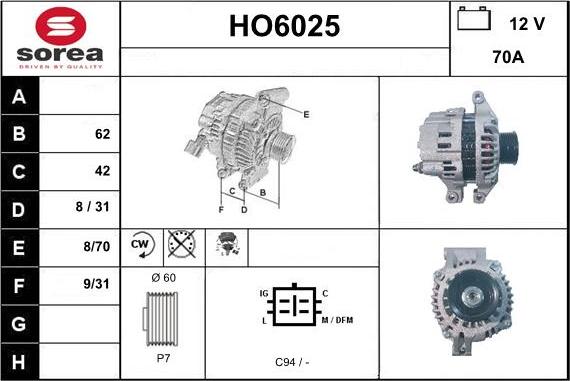Sera HO6025 - Alternator autospares.lv
