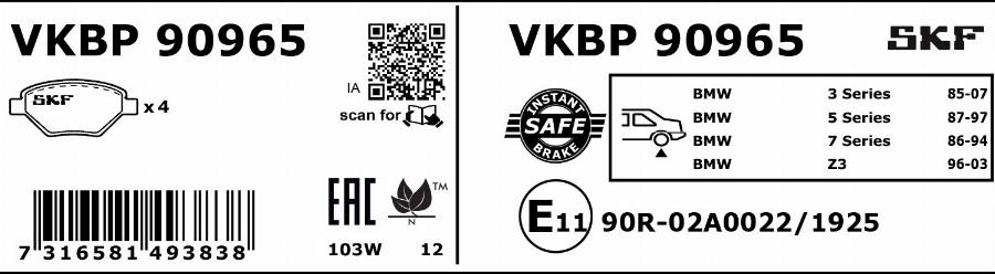 SKF VKBP 90965 - Brake Pad Set, disc brake autospares.lv