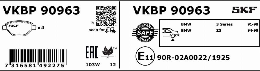 SKF VKBP 90963 - Brake Pad Set, disc brake autospares.lv