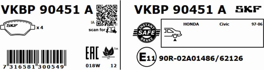 SKF VKBP 90451 A - Brake Pad Set, disc brake autospares.lv