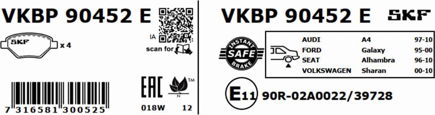 SKF VKBP 90452 E - Brake Pad Set, disc brake autospares.lv