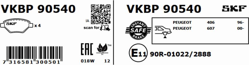 SKF VKBP 90540 - Brake Pad Set, disc brake autospares.lv