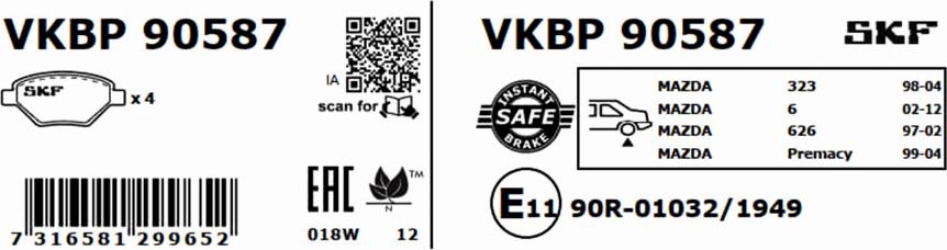SKF VKBP 90587 - Brake Pad Set, disc brake autospares.lv