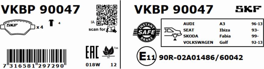 SKF VKBP 90047 - Brake Pad Set, disc brake autospares.lv