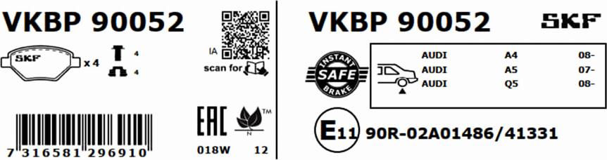 SKF VKBP 90052 - Brake Pad Set, disc brake autospares.lv