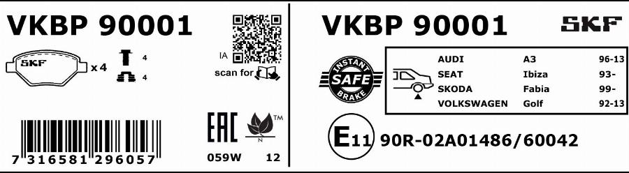 SKF VKBP 90001 - Brake Pad Set, disc brake autospares.lv