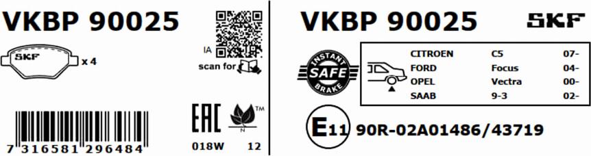 SKF VKBP 90025 - Brake Pad Set, disc brake autospares.lv