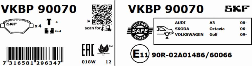 SKF VKBP 90070 - Brake Pad Set, disc brake autospares.lv