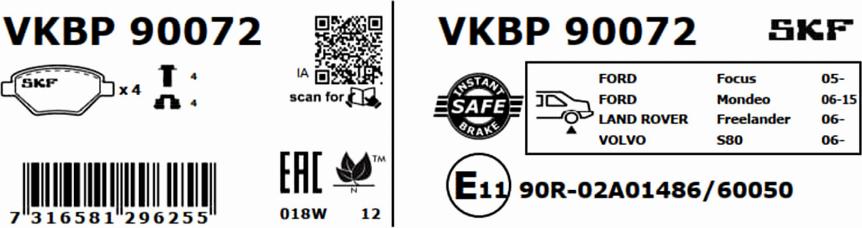 SKF VKBP 90072 - Brake Pad Set, disc brake autospares.lv