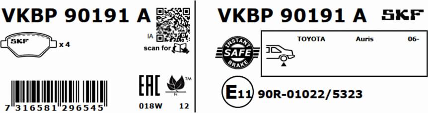 SKF VKBP 90191 A - Brake Pad Set, disc brake autospares.lv
