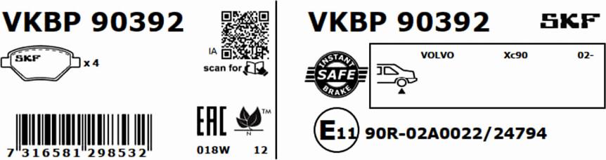 SKF VKBP 90392 - Brake Pad Set, disc brake autospares.lv