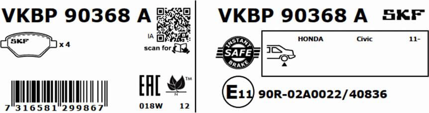 SKF VKBP 90368 A - Brake Pad Set, disc brake autospares.lv