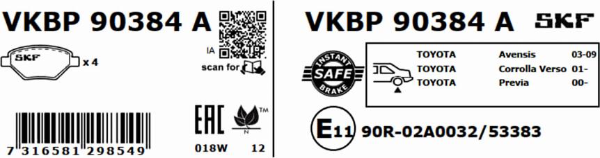 SKF VKBP 90384 A - Brake Pad Set, disc brake autospares.lv