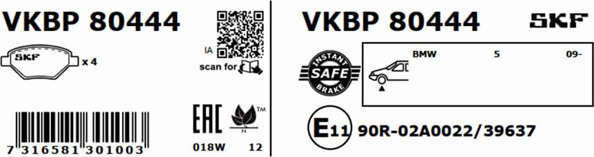 SKF VKBP 80444 - Brake Pad Set, disc brake autospares.lv