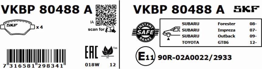 SKF VKBP 80488 A - Brake Pad Set, disc brake autospares.lv