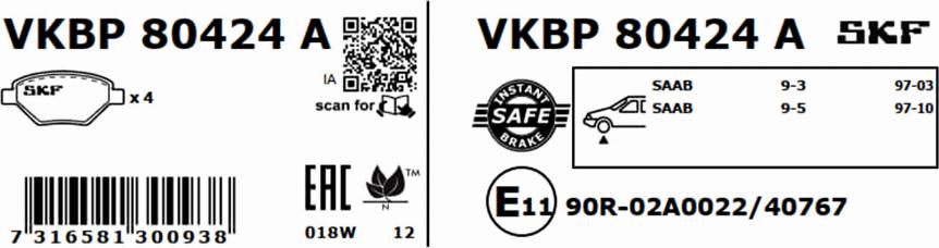 SKF VKBP 80424 A - Brake Pad Set, disc brake autospares.lv