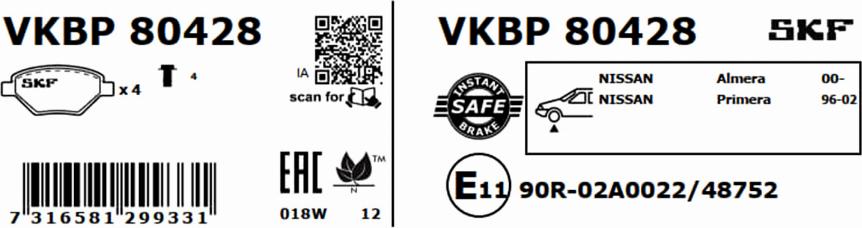 SKF VKBP 80428 - Brake Pad Set, disc brake autospares.lv