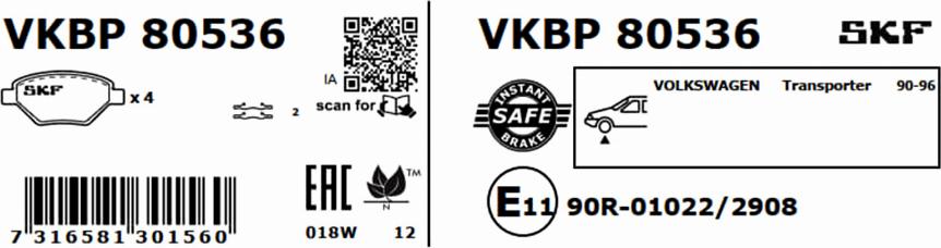 SKF VKBP 80536 - Brake Pad Set, disc brake autospares.lv