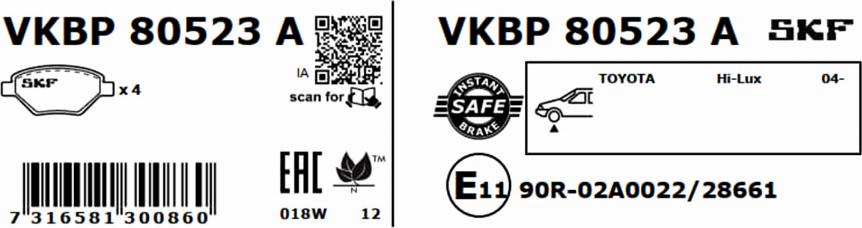 SKF VKBP 80523 A - Brake Pad Set, disc brake autospares.lv