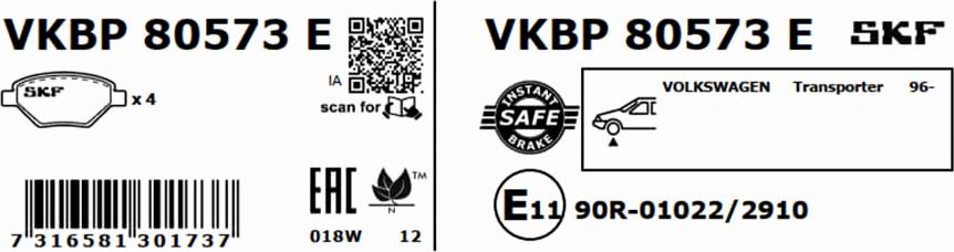 SKF VKBP 80573 E - Brake Pad Set, disc brake autospares.lv