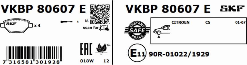 SKF VKBP 80607 E - Brake Pad Set, disc brake autospares.lv