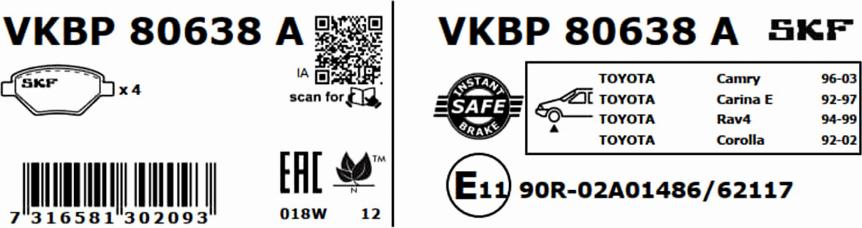 SKF VKBP 80638 A - Brake Pad Set, disc brake autospares.lv