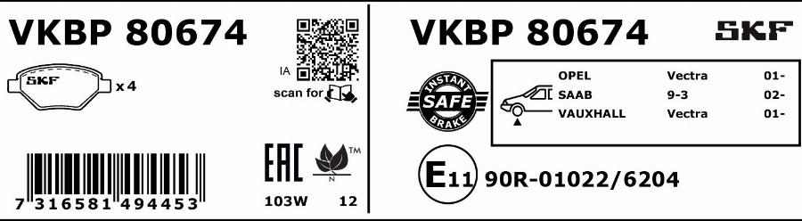 SKF VKBP 80674 - Brake Pad Set, disc brake autospares.lv