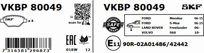 SKF VKBP 80049 - Brake Pad Set, disc brake autospares.lv