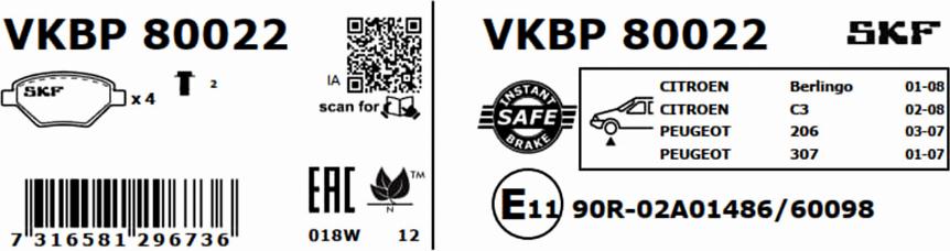 SKF VKBP 80022 - Brake Pad Set, disc brake autospares.lv