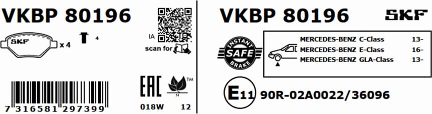 SKF VKBP 80196 - Brake Pad Set, disc brake autospares.lv