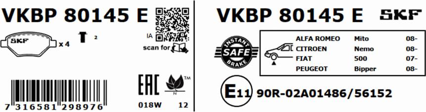 SKF VKBP 80145 E - Brake Pad Set, disc brake autospares.lv